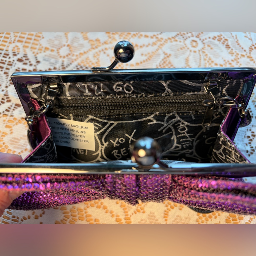 🎀Betseyville 💜 Betsey Johnson Purple Sequin Kiss-Lock Bow Clutch Purse - Picture 11 of 16